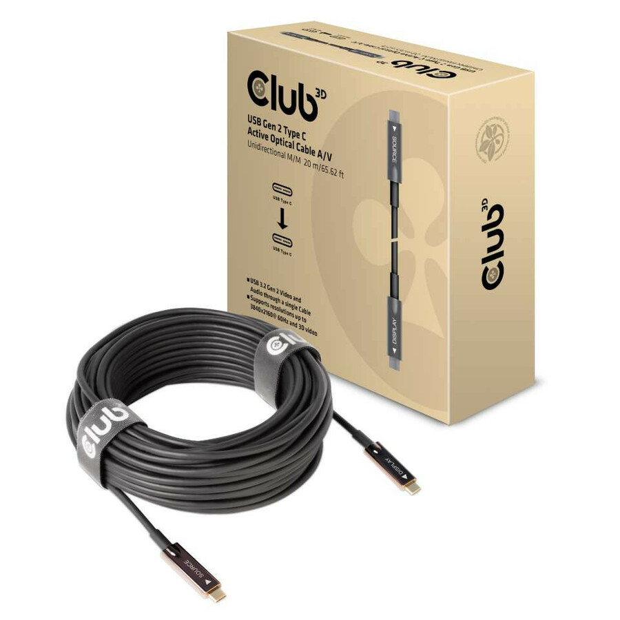 Club 3D USB Gen 2 Type C Active Optical Cable A/V Unidirectional M/M 20 m/ 65.62 ft