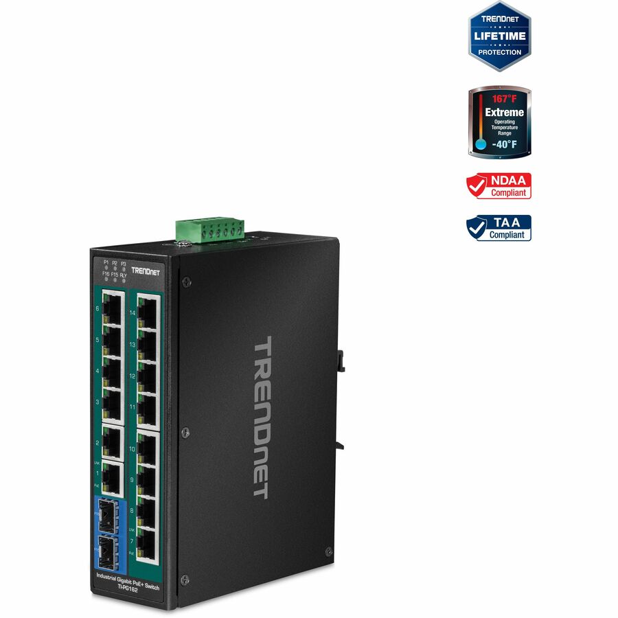 TRENDnet 16-Port Hardened Industrial Unmanaged Gigabit PoE+ DIN-Rail Switch; TI-PG162; 14 x Gigabit Ports; 2 x Gigabit SFP Slots; 32Gbps; IP30 Gigabit Network Ethernet Switch; Lifetime Protection