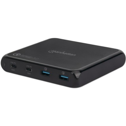 Manhattan Charging Station, 2x USB-C and 2x USB-A Ports, USB-C Outputs: 1x 60W and 1x 30W, USB-A Outputs: 2x 18W (Qualcomm Quick Charge), Stand & 3M tape (under desk mounting) included, Cable 1m, Black (Power Cable: Euro 2-pin plug to C7 figure-of-8 connector), Box