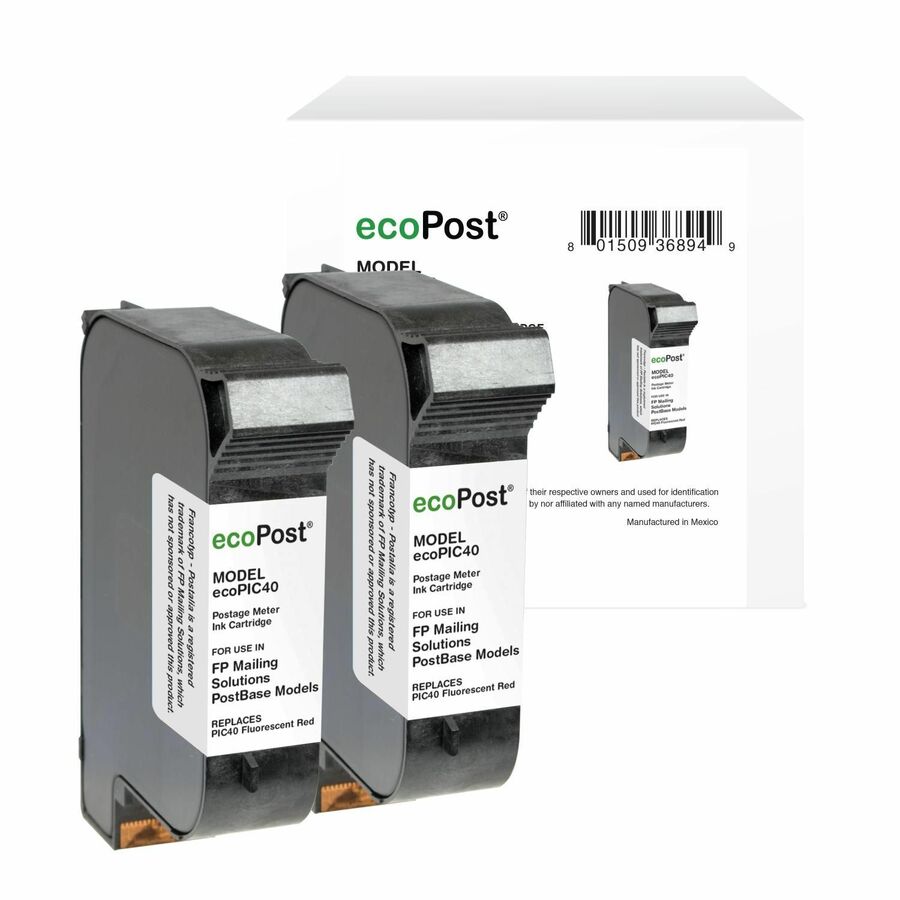 ecoPost Remanufactured Postage Meter Fluorescent Red 2 Pack Ink Cartridge for FP Mailing Solutions PIC40