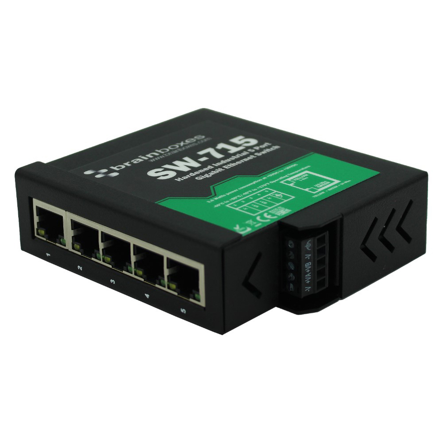 Brainboxes Hardened Industrial 5 Port Gigabit Ethernet Switch DIN Rail Mountable