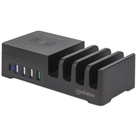Manhattan Charging Station with Wireless Charging Pad (detachable), 1x Wireless, 1x USB-C and 4x USB-A Ports, Wireless Output: 2A, USB-C Output: 3A, USB-A Outputs: 1x 3A and 3x 2.4A max, Cable 1m, Black (Power Cable: Euro 2-pin plug to C7 figure-of-8 connector)
