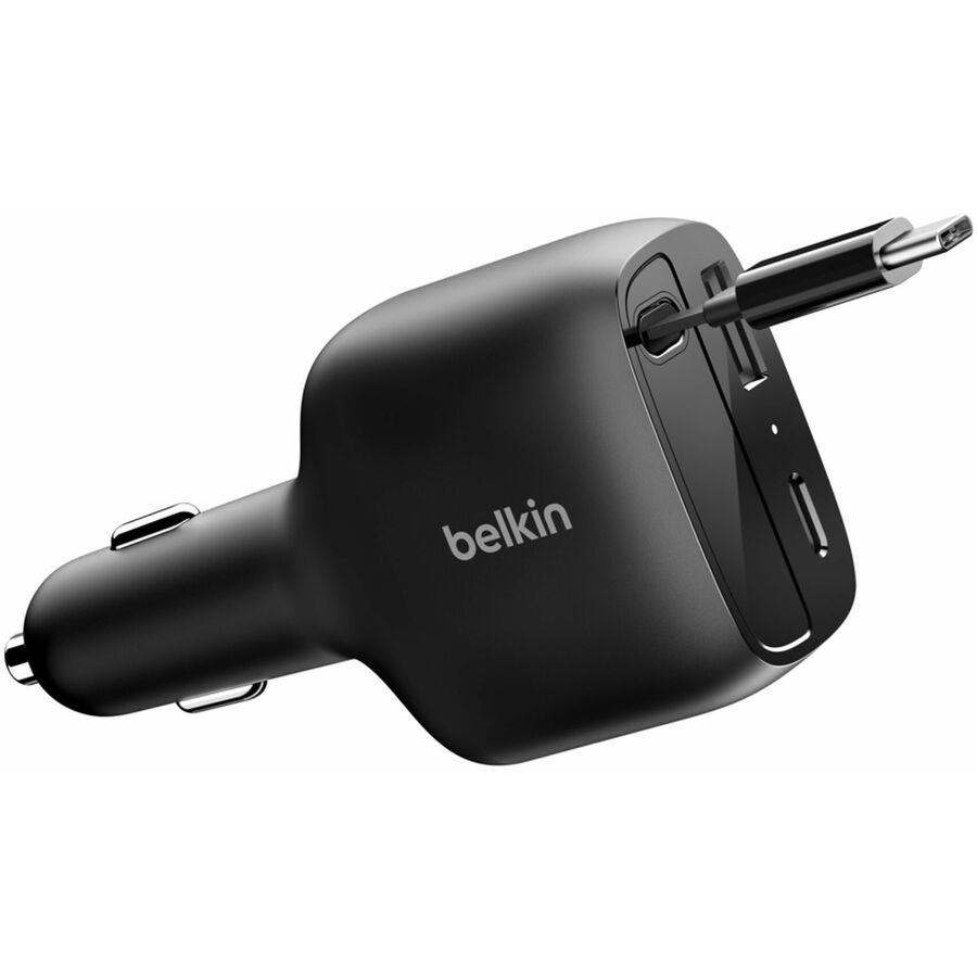Belkin 75W Dual Port USB Car Charger - 1xUSB-A, 1xUSB-C w/ Retractable USB-C Cable - Black