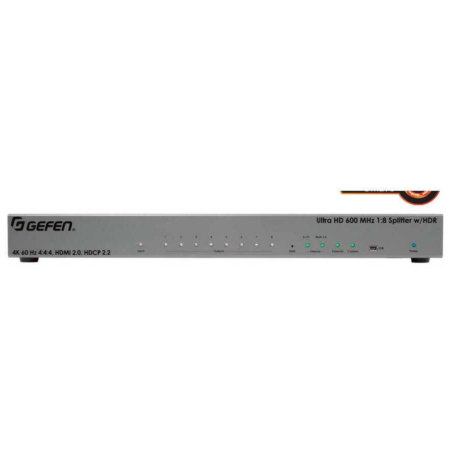 Gefen 4K Ultra HD 600 MHz HDMI Splitter, 8x Ultra HD Display, 4K 60Hz, HDR, Deep Color, HDCP 2.2, Dolby Atmos, DTS-X, 3D Pass-Through, Cascading, EDID Management, Audio Control, Video Distribution