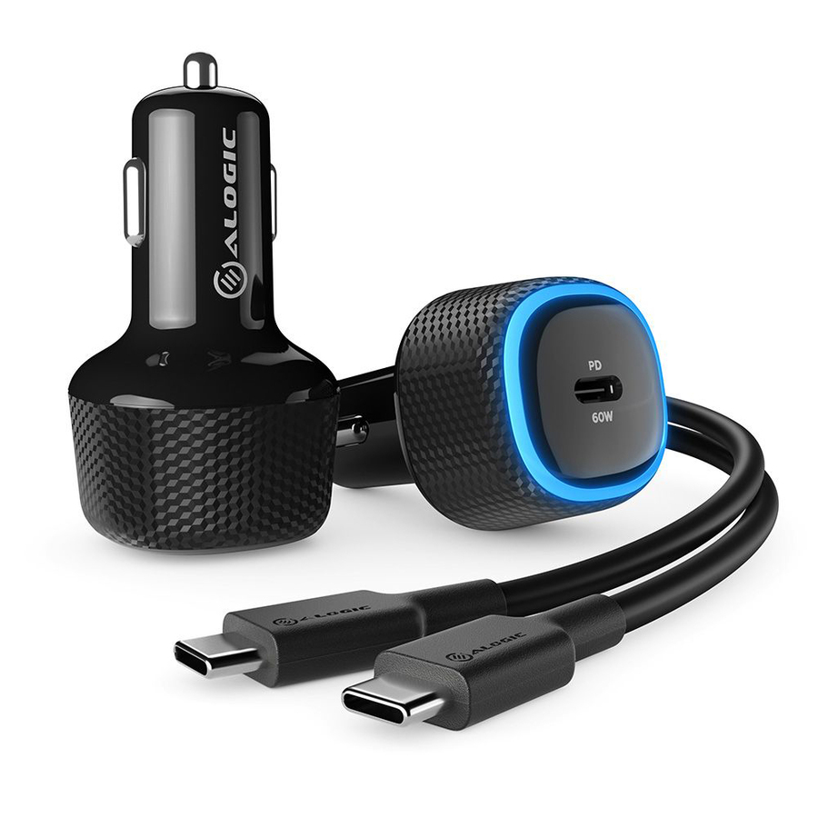 Alogic 60W car charger USB-C ports fast charging for laptops, tablets, and smartphones with 1m cable
