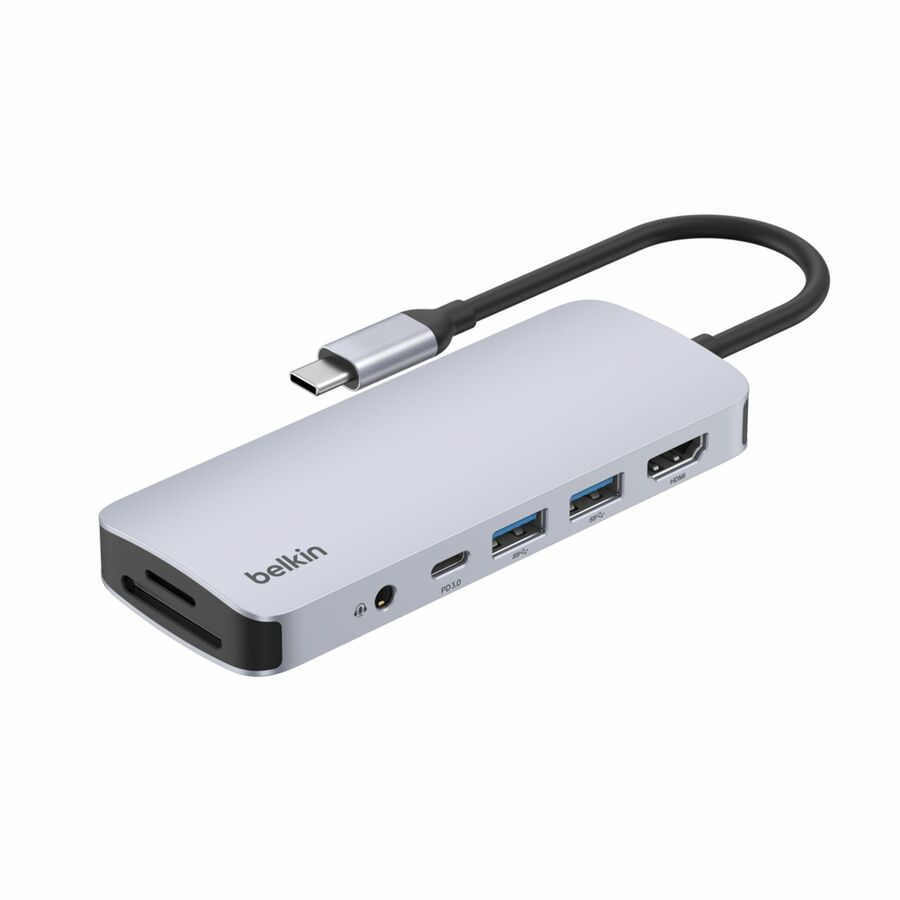Belkin 7-Port USB-C Hub - USB-C to 2xUSB-A, 1xUSB-C, 1x4K HDMI, 1xSD Reader, 1xMicroSD Reader, 1x3.5mm Audio - Grey