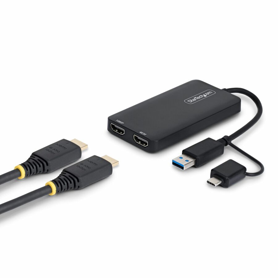 StarTech USB to Dual HDMI Adapter, USB-A or USB-C to 2x HDMI Converter (1x 4K30, 1x 1080p), 4.3in/11cm Cable, Win/Mac, Black