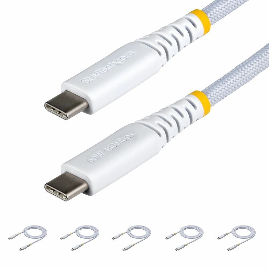 StarTech 5-Pack 3ft (91cm) White USB-C Charging Cable, 60W (3A) PD, Dual-Layer Braided Nylon/TPE Jacket, Rugged USB C Charger Cord