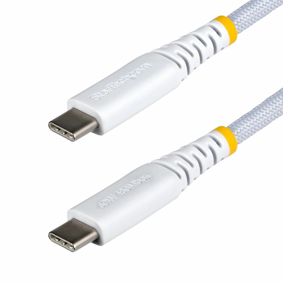 StarTech 1ft (30cm) White USB-C Charging Cable, 60W (3A) PD, Dual-Layer Braided Nylon/TPE Jacket, Rugged USB 2.0 Laptop Charger Cord