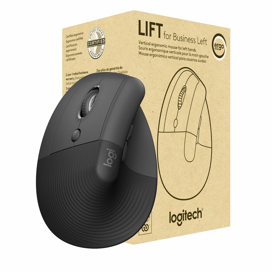 Logitech Lift for Business Left, Vertical Ergonomic Mouse - Left-handed, Wireless, Bluetooth or Secured Logi Bolt USB, Quiet clicks, Graphite