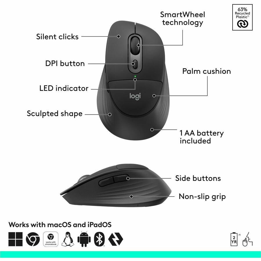 Logitech Signature Comfort Plus M850 L for Business, Wireless Mouse, Sculpted Design with Palm Cushion, Silent Clicks, Secure Receiver/Bluetooth, Windows/Mac/ChromeOS/Linux/iPadOS