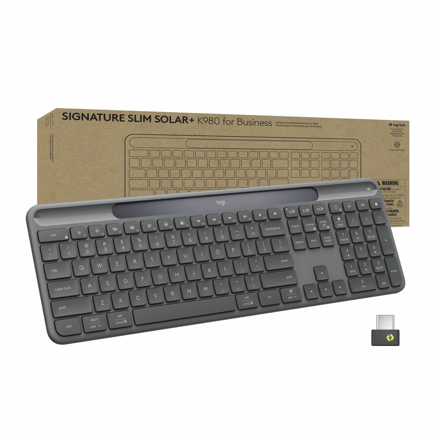 Logitech Signature Slim Solar+ K980 for Business, Wireless Keyboard, Quiet Typing, Secure Receiver, Bluetooth, Windows, Mac - Graphite