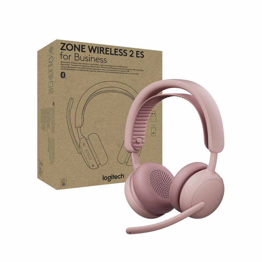 Logitech Zone Wireless 2 ES for Business - Noise-Canceling Wireless Headset with Adaptive Hybrid ANC, Microsoft Teams Certified, USB-C & USB-A, Rose