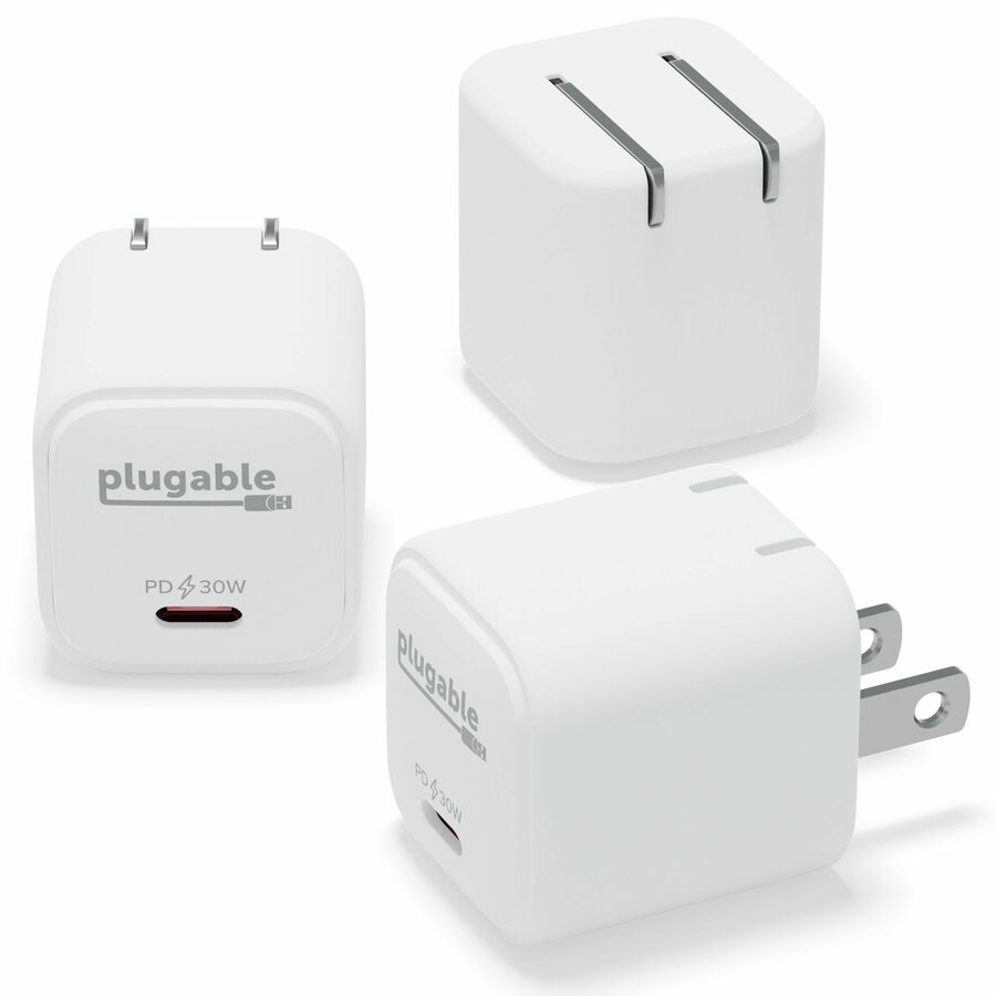 Plugable GaN USB C Charger Block, 30W Portable Charger, Foldable Prongs, 3 Pack