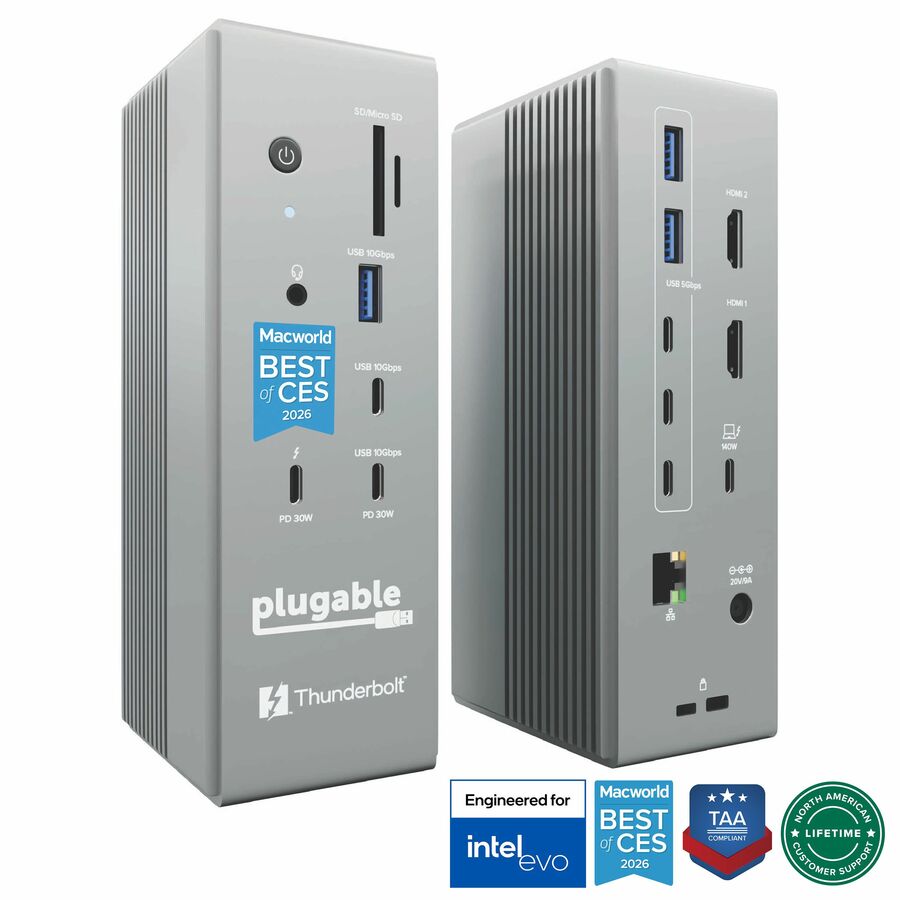 Plugable Thunderbolt 5 Dock: 16-in-1, Dual HDMI 2.1 Up to 8K 60Hz / 4K 144Hz, 140W Laptop Charging, 2.5GbE, Fanless