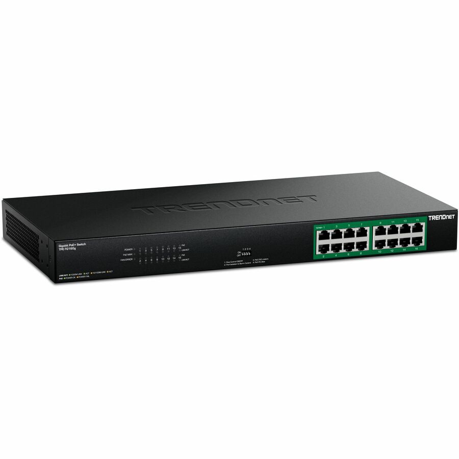 TRENDnet 16-Port Gigabit PoE+ Switch, TPE-TG160g, 16 x Gigabit PoE+ Ports, 246W PoE Power Budget, 32 Gbps Switching Capacity, Ethernet Splitter, Metal, Lifetime Protection, Black