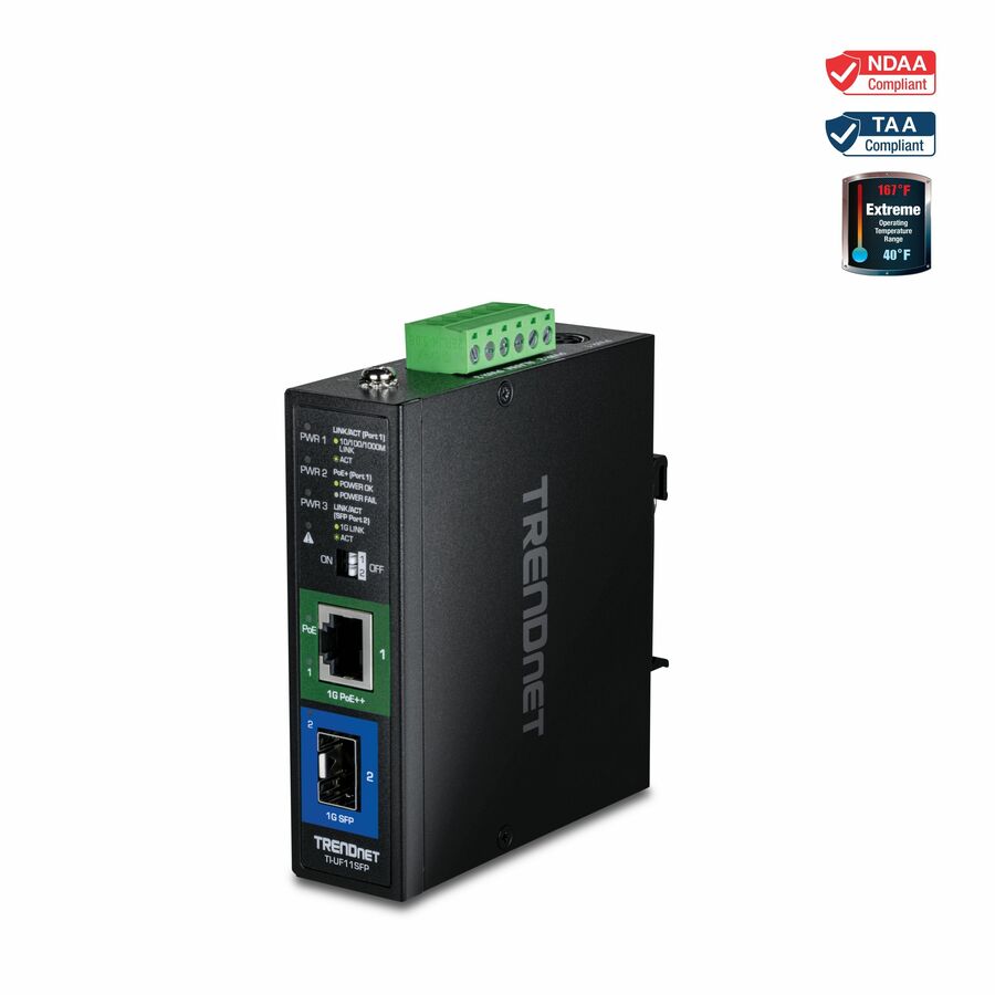 TRENDnet Hardened Industrial SFP to Gigabit UPoE Media Converter, TI-UF11SFP, Up to 95W of Power, NDAA + TAA Compliant, IP50 Rated Housing, Multi or Single Mode