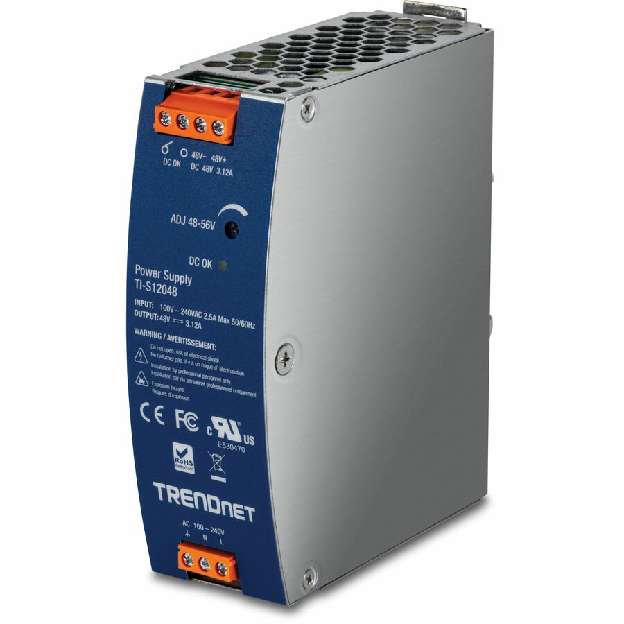 TRENDnet 150W, 48 - 56V DC, 3.12A AC to DC DIN-Rail Power Supply with PFC Function, TI-S12048, 150% Peak Load Capability, UL 62368 Certified