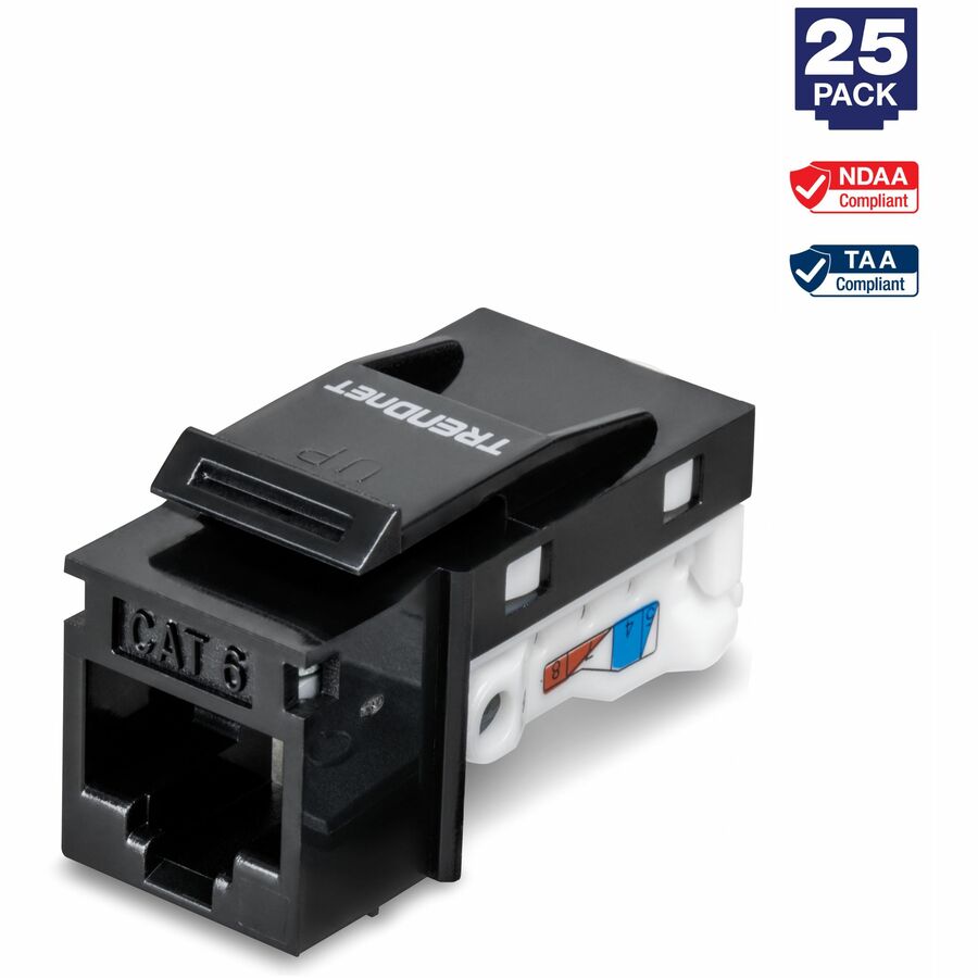 TRENDnet Cat6 Keystone Jack, 25-Pack Bundle, 90° Angle Termination, Compatible with Cat5, Cat5e, & Cat6 Cabling, Color-Coded Labeling for T568B Wiring, Gold-Plated Contacts, Black, TC-K25C6BK