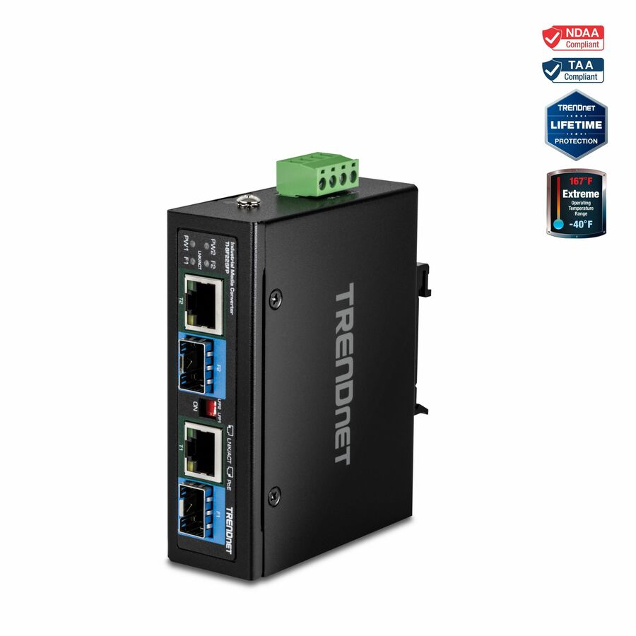 TRENDnet 2-Port Industrial SFP to Gigabit PoE++ Media Converter, TI-BF22SFP, IP30 Metal Housing, Power Supply (Model TI-S15052) Sold Separately, Black
