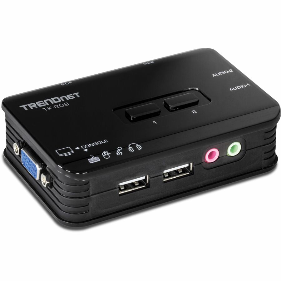 TRENDnet 2-Port USB KVM Switch Kit with Audio, TK-209K, Control Up to 2 Computers, Windows, Linux, Mac OS Compliant, 2048 x 1536 VGA Resolution, NDAA & TAA Compliant, KVM Cables Included, Black