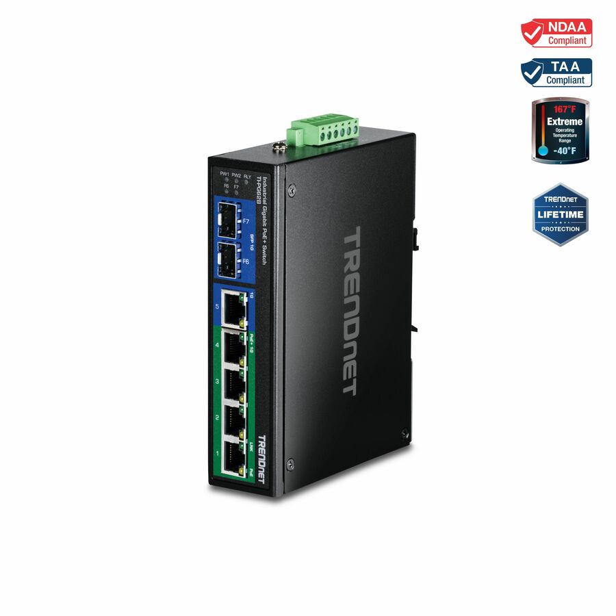 TRENDnet 6-Port Hardened Industrial Unmanaged Gigabit 10/100/1000Mbps DIN-Rail Switch, 4 x Gigabit PoE+ Ports, 2 x Dedicated SFP Slots, Lifetime Protection, Black, TI-PG62B