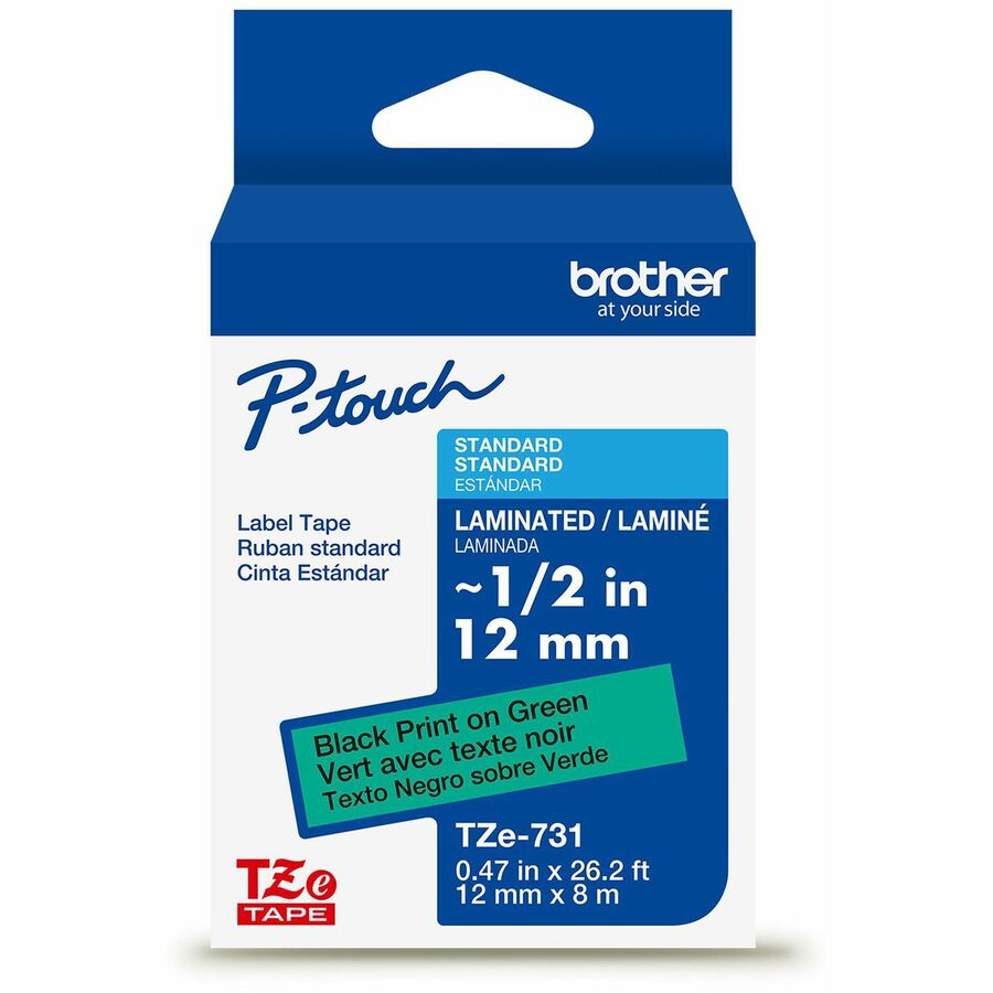 Brother Genuine P-touch TZe731 BK on GRN Label Tape, Laminated, 12mmX8m