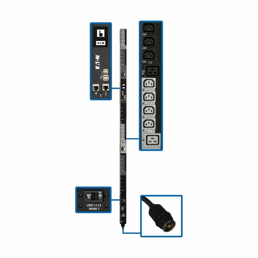 Tripp Lite by Eaton PDU 10kW 200-240V 3PH Switched PDU LX Interface Gigabit 30 Outlets L21-30P Input LCD 1.8 m Cord 0U 1.8 m Height TAA