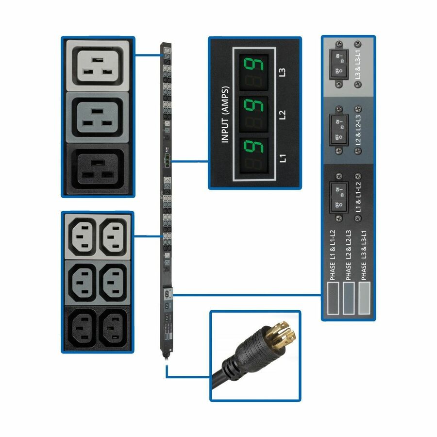 Tripp Lite by Eaton PDU 8.6kW 3-Phase Local Metered PDU 208/120V Outlets (36 C13 6 C19 6 5-15/20R) 208V L21-30P 6 ft. (1.83 m) Cord 0U Vertical TAA