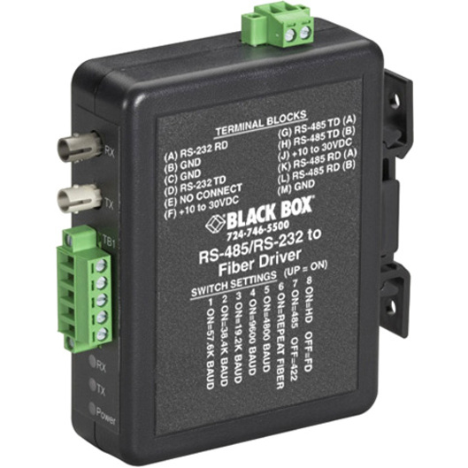 Black Box Industrial DIN Rail RS-232/RS-422/RS-485 to Fiber Driver