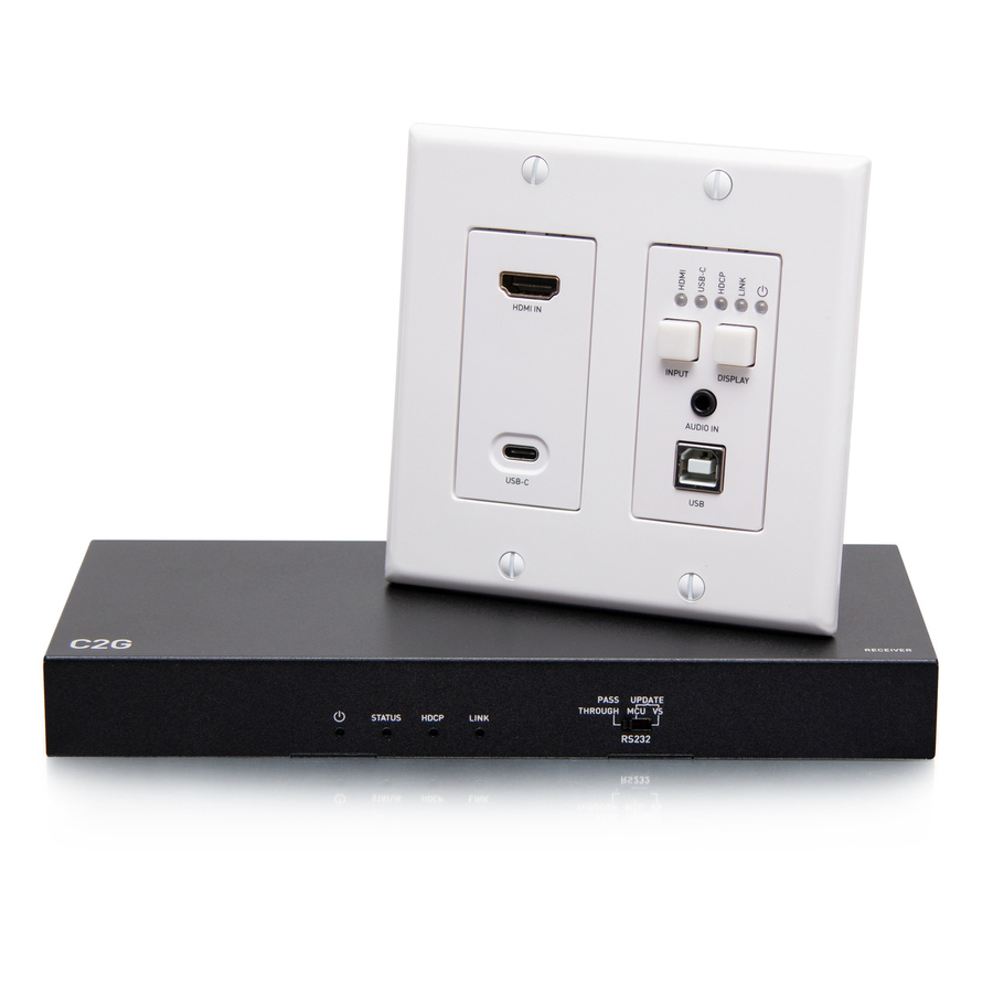 C2G HDMI HDBaseT + USB-C, 3.5mm, and USB-B to A over Cat Extender Wall Plate Transmitter to Box Receiver - 4K 60Hz