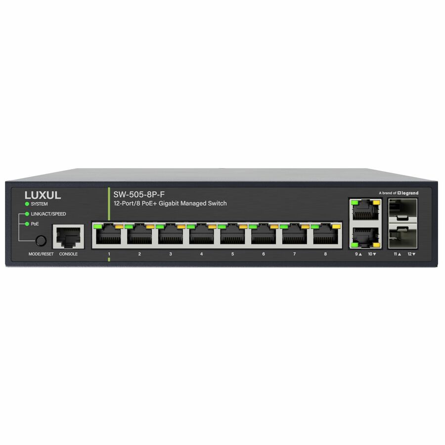 Luxul 1Gb L2/L3 Managed Switch - 8 PoE+, 2 RJ45, 2 SFP Front-Facing Ports - TAA Compliant