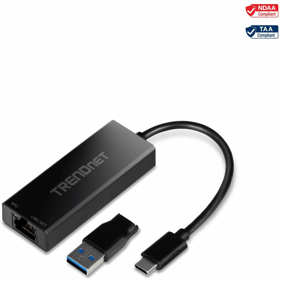 TRENDnet USB-C 3.1 to 2.5GBASE-T Ethernet Adapter, TUC-ET2G, NDAA & TAA Compliant, Windows & Mac Compatible, USB Type-C to USB-A Converter Included, Up to 2.5Gbps Speeds, Black