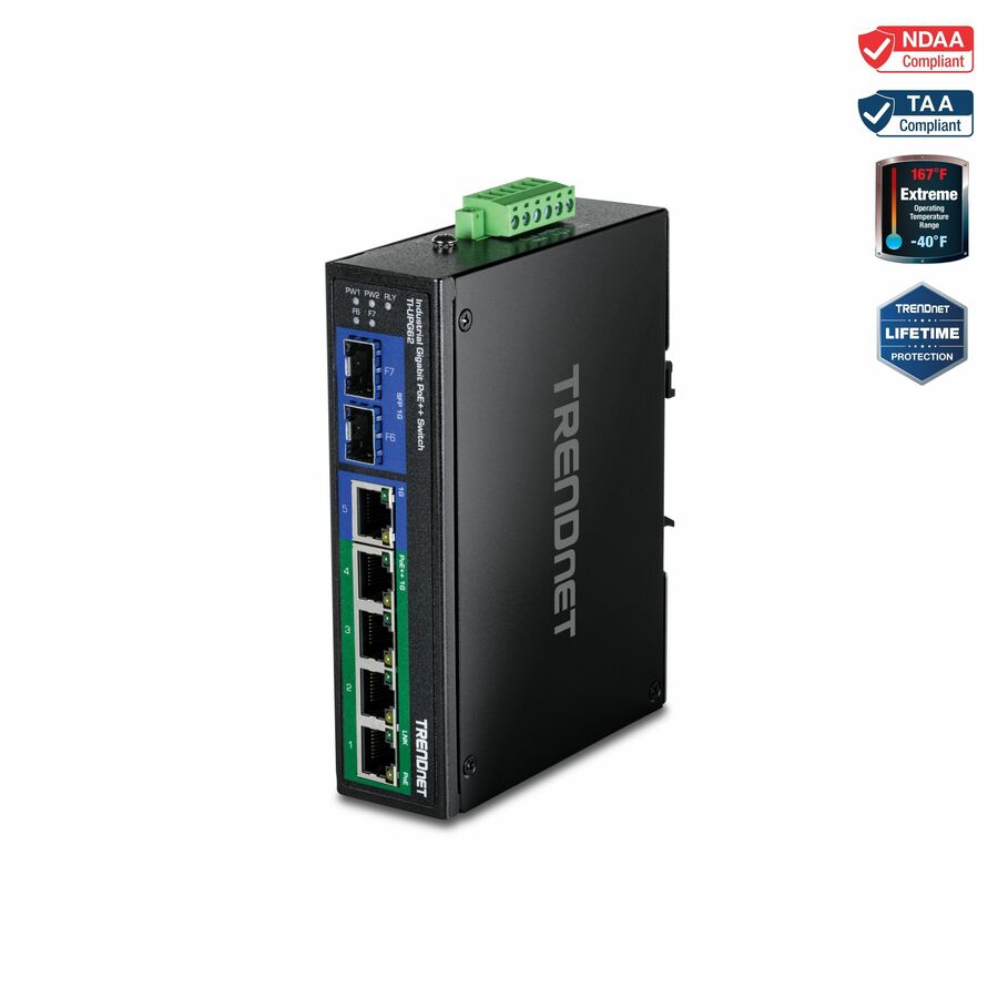 TRENDnet 7-Port Industrial Gigabit PoE++ DIN-Rail Switch, TI-UPG62, 240W Power Budget, 14Gbps Switching Capacity, IP50 Rated Housing, NDAA & TAA Compliant, Lifetime Manufacturer Protection