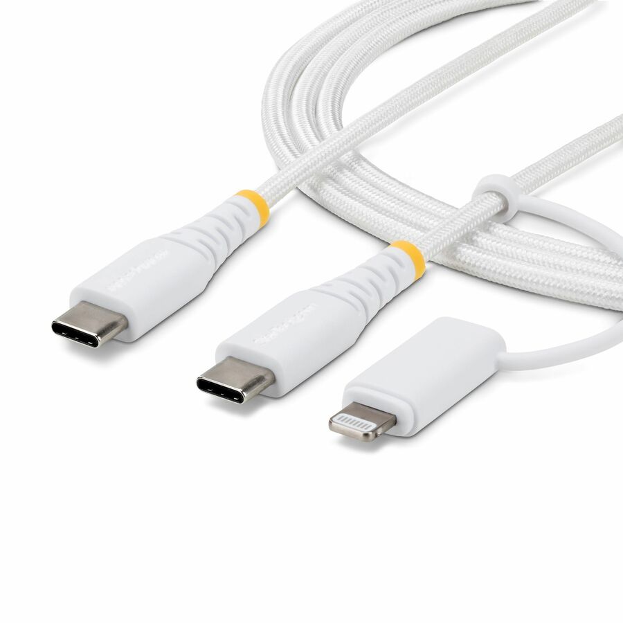 StarTech 1m (3.3ft) 2-in-1 Rugged USB-C Charging Cable with Lightning Adapter, 30W/60W, Apple MFi Certified Braided USB C Charger Cord