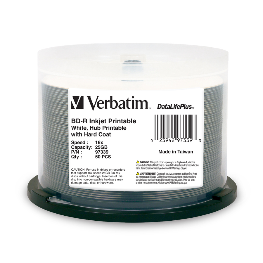 BD-R 25GB 16X DataLifePlus White Inkjet Printable, Hub Printable - 50pk Spindle