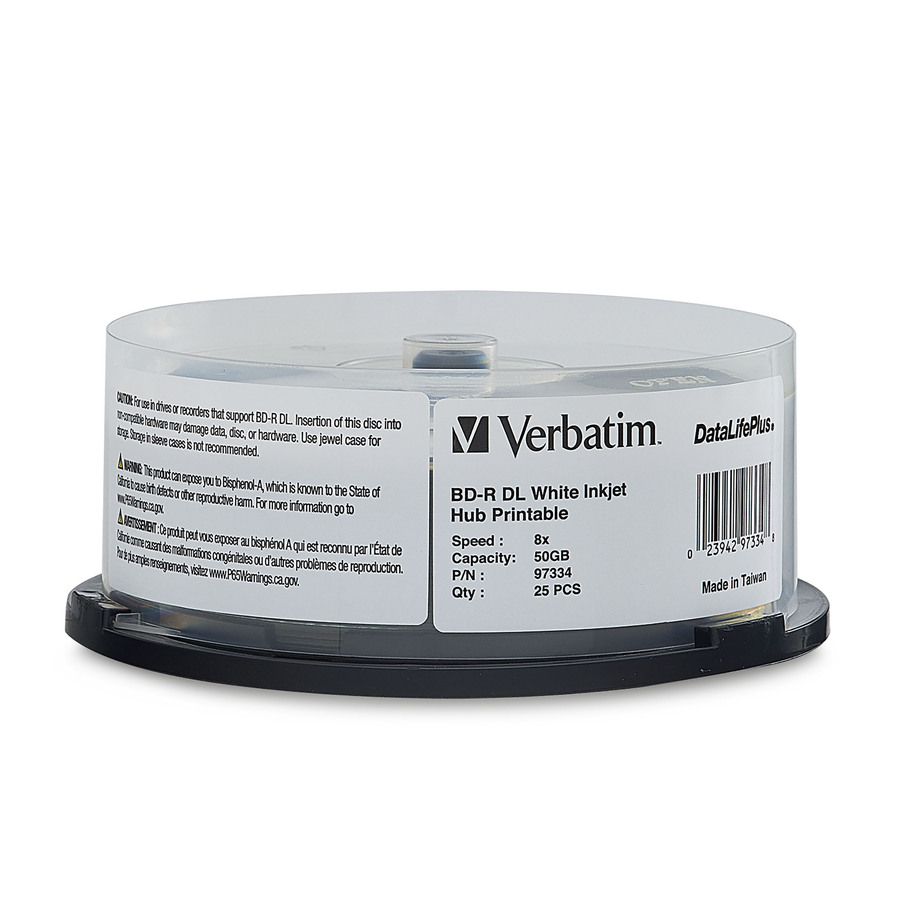 Verbatim BD-R DL 50GB 8X, White Label, DataLife+, White InkJet Hub Printable, 25PK Spindle