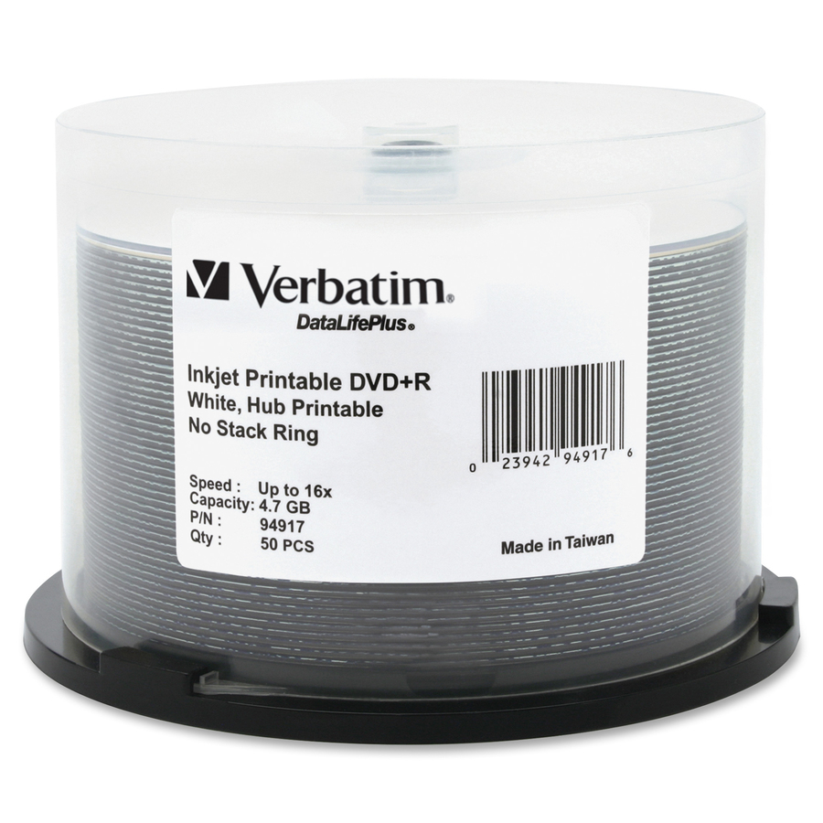 Verbatim DVD+R 4.7GB 16X DataLifePlus White Inkjet Printable, Hub Printable - 50pk Spindle