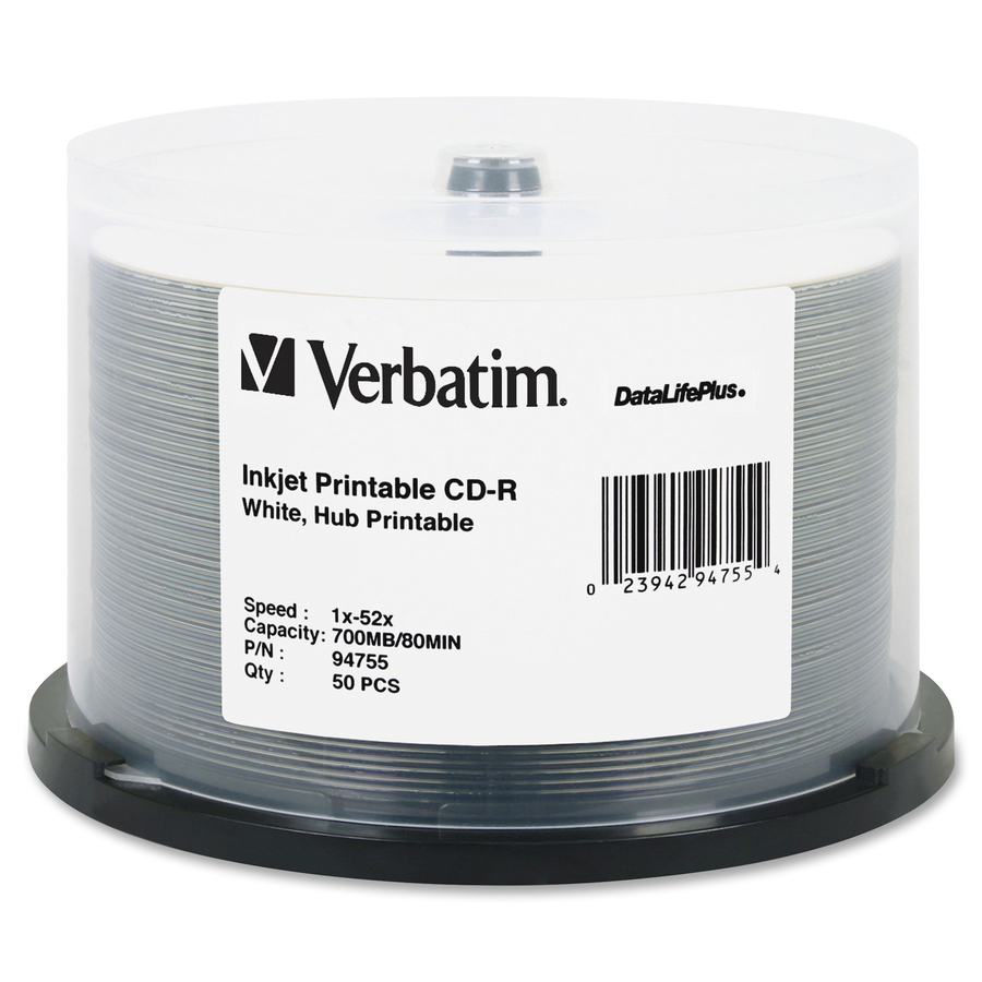Verbatim CD-R 700MB 52X DataLifePlus White Inkjet Printable, Hub Printable - 50pk Spindle