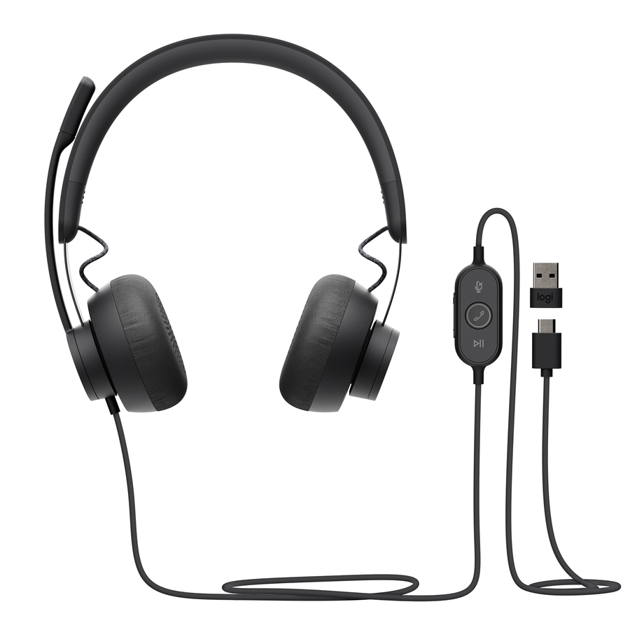 Logitech Zone 750 Wired On-Ear Headset with advanced noise-canceling microphone, simple USB-C and included USB-A adapter, plug-and-play compatibility for all devices