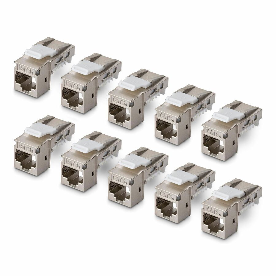 StarTech Shielded Cat6a Keystone Jack, 10-Pack RJ45 Ethernet Keystone Jacks, STP Cat6a Wall Jack, 90-Degree Toolless