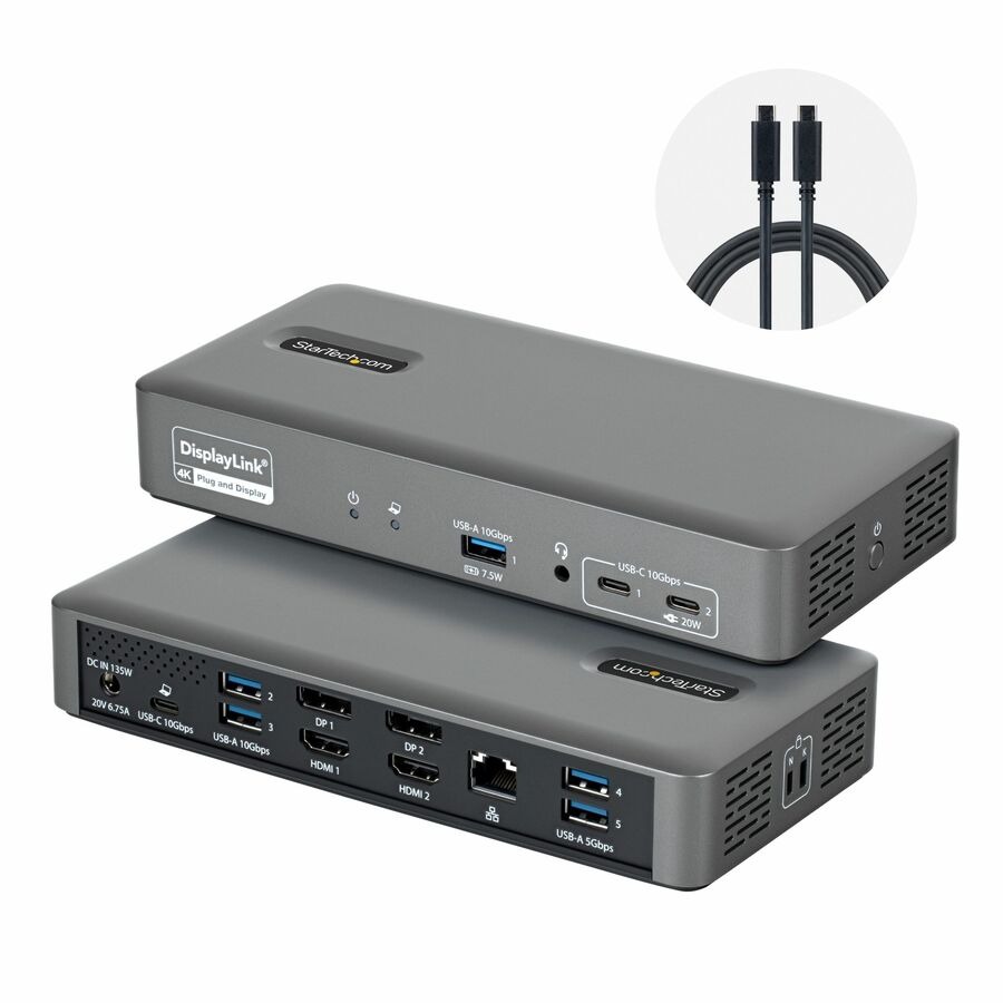StarTech Dual-Monitor USB-C Docking Station, HDMI or DisplayPort, 96W Laptop Charging, GbE, Smart Dock, Windows/macOS