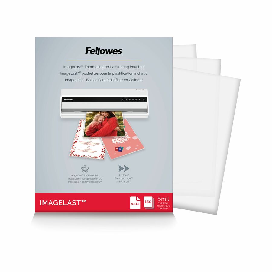 Fellowes ImageLast Jam-Free Premium Thermal Laminating Pouches - Sheet Size Supported: Letter 9" Width x 11.50" Length - Laminating Pouch/Sheet Size: 9" Width x 5 mil Thickness - Type G - Glossy - for Document - Durable, UV Resistant, Fade Resistant, Water Resistant, Jam-free, Photo-safe, Dry Erase Friendly - Clear - 150 / Pack