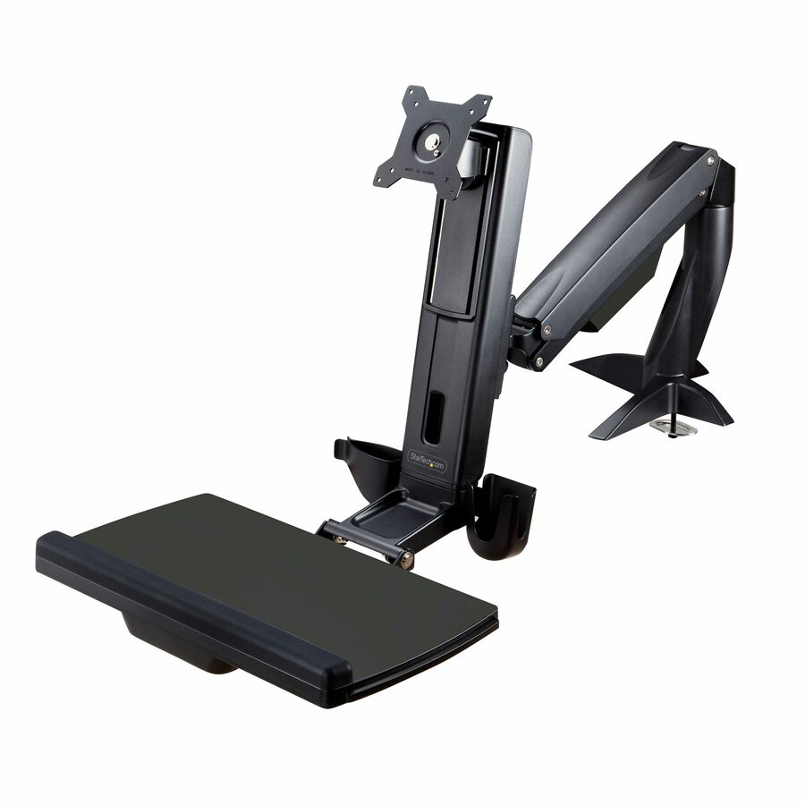 StarTech Sit Stand Monitor Arm, Desk Mount Sit-Stand Workstation up to 27in VESA Display, Standing Desk Converter, Keyboard Tray, TAA