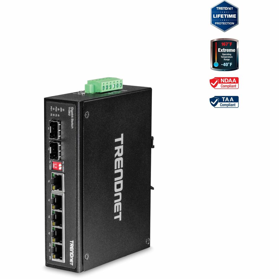 TRENDnet 7-Port Industrial Gigabit DIN-Rail Switch, TI-G62, 5 x Gigabit Ports, 2 x Gigabit SFP Ports, IP50 Weather Rated, 14Gbps, NDAA TAA Compliant, Lifetime Protection - 6-Port Hardened Industrial Gigabit DIN-Rail Switch