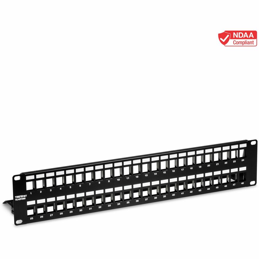 TRENDnet 48-Port Blank Keystone Shielded 2U HD Patch Panel, TC-KP48S, 2U 19" Metal Rackmount Housing, Network Management Panel, Recommended with TC-K06C6A Cat6A Keystone Jacks (sold separately) - 48-Port Blank Keystone Shielded Patch Panel