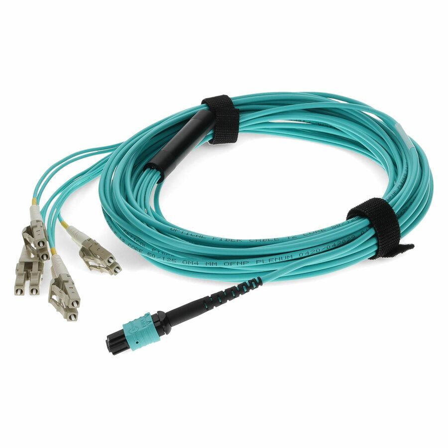 AddOn 3m MPO/UPC to 4xLC/UPC Duplex Aqua OM4 OFNP (Plenum-Rated) 8-Strand Fiber Fanout Cable, MMF (Multi Mode), 50/125