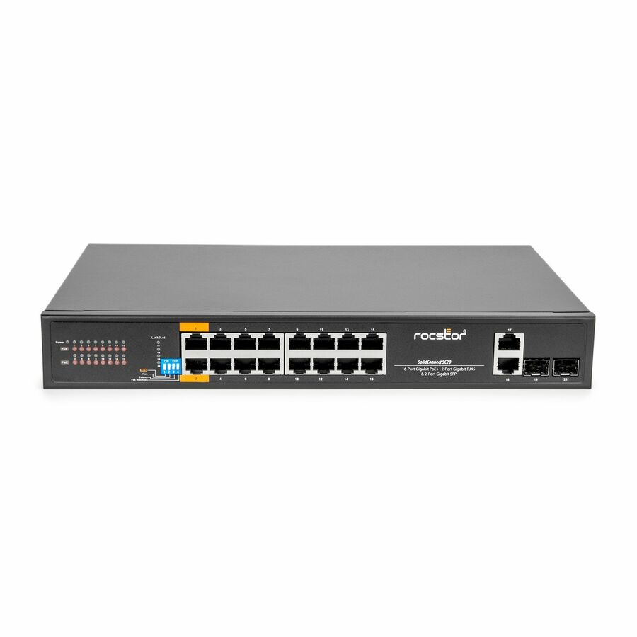 Rocstor SolidConnect SC20 20-Port Switch, 16-Port PoE+ Gigabit Unmanaged Ethernet Port, 2x Gigabit RJ45 & 2� SFP Uplink - 802.3af/at