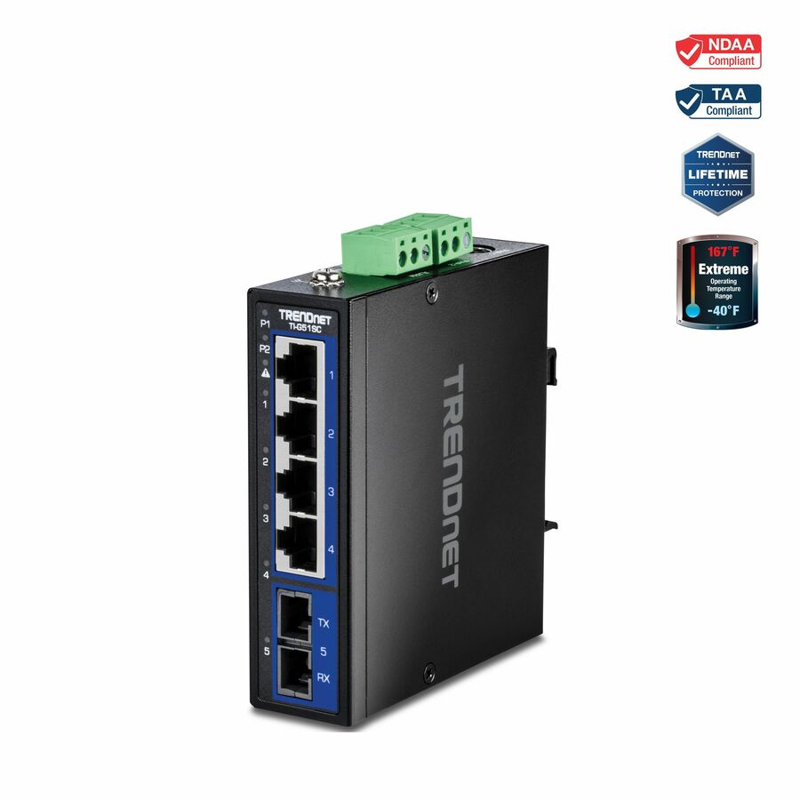 TRENDnet 5-Port Hardened Industrial Gigabit DIN-Rail Switch, TI-G51SC, 1 x Multi-Mode SC Port, 4 x Gigabit Ports, 10Gbps, IP30 Rated, Lifetime Protection, Black
