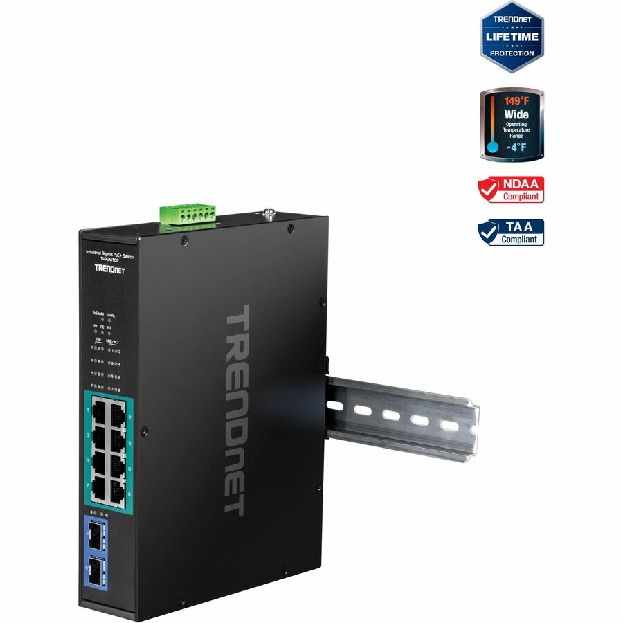 TRENDnet 10-Port Industrial Gigabit PoE+ Switch, WideTemperature Range -20° - 65°C (-4° - 149°F), DIN Rail Switch, 50-55V DC, 8 x Gigabit PoE+ Ports, 2 x Gigabit SFP Slots, TI-PGM102, Black - 8 Ports - Gigabit Ethernet - 1000Base-FX, 1000Base-T - 2 Layer Supported - 2 SFP Slots - AC/DC - 6.30 W Power Consumption - 240 W PoE Budget - Twisted Pair, Optical Fiber - PoE Ports - DIN Rail Mountable, Wall Mountable